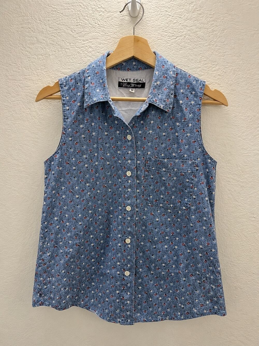 Vintage Wet Seal Paris Blues Floral Button Front 100% Cotton Sleeveless Blouse S